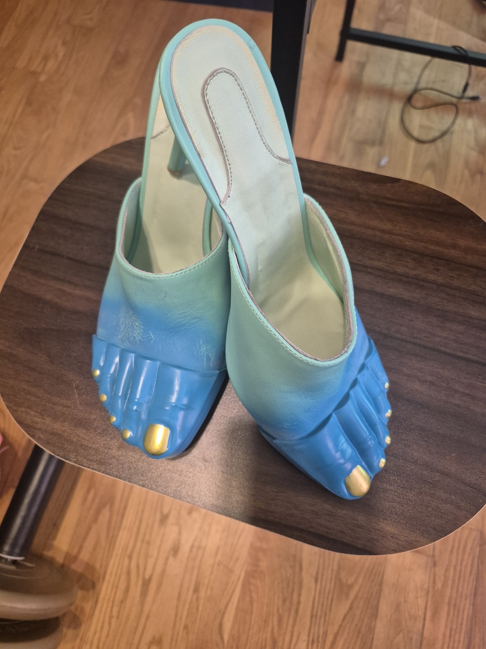 Women’s Two-Tone Teal & Blue  Mule with Gold Accent toes.